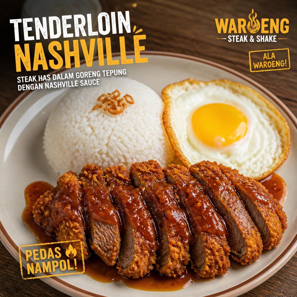 Tenderloin Nashville dengan steak daging sapi bagian has dalam, nasi, telur, dan saus Nashville